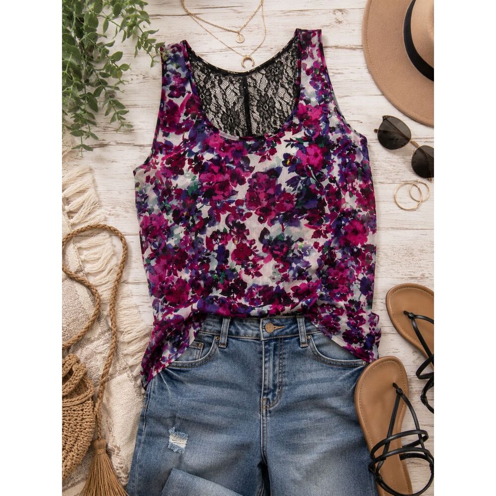 Studio Y Floral Tank Top M Pink Black Sheer Flowy Lace Back Lightweight